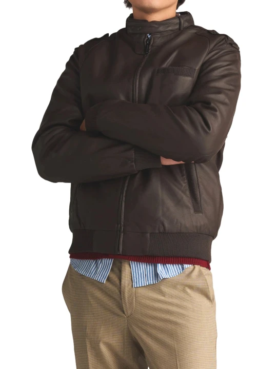 Throat Latch Bomber Jacket In Dark Brown Leather