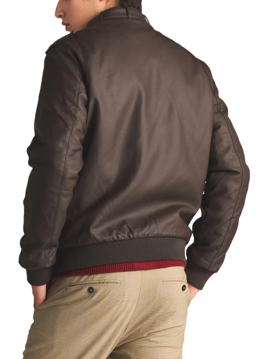 Throat Latch Bomber Jacket In Dark Brown Leather