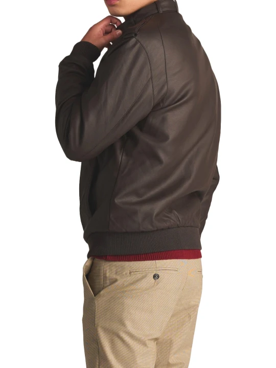 Throat Latch Bomber Jacket In Dark Brown Leather