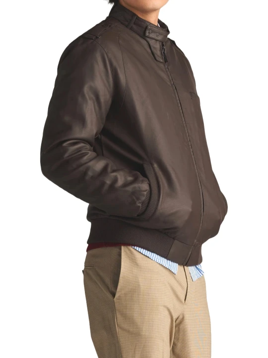 Throat Latch Bomber Jacket In Dark Brown Leather