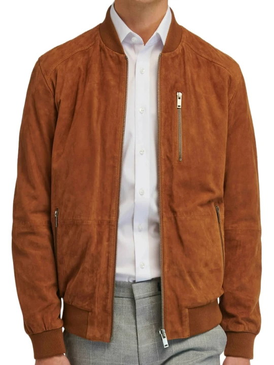 Men Brown Suede Leather Bomber Jacket