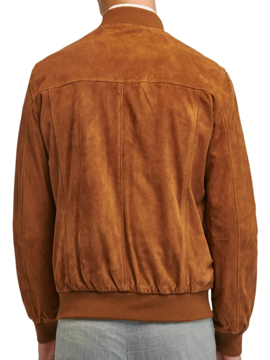 Men Brown Suede Leather Bomber Jacket