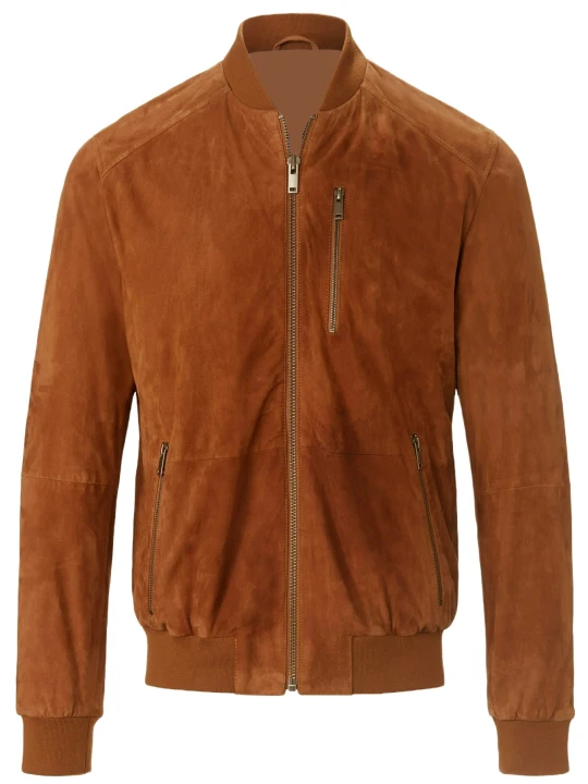 Men Brown Suede Leather Bomber Jacket