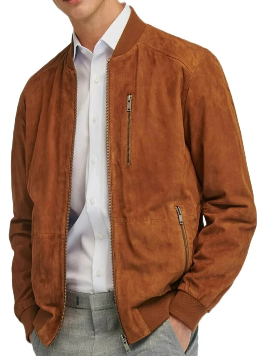 Men Brown Suede Leather Bomber Jacket