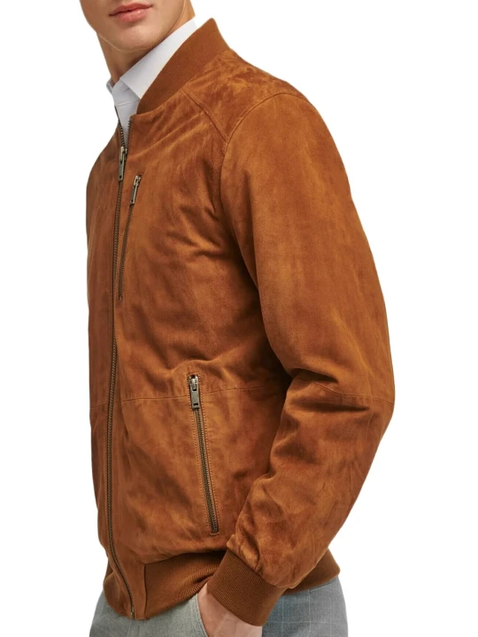 Men Brown Suede Leather Bomber Jacket