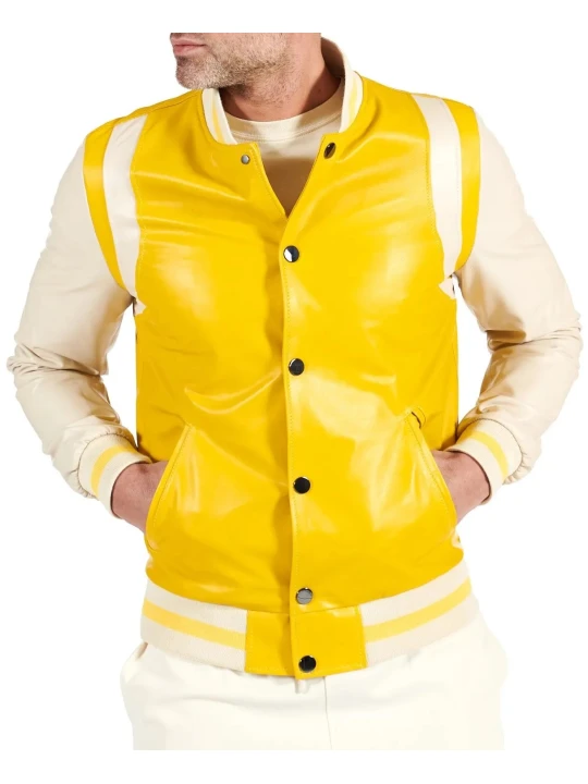 Yellow And Beige Leather Varsity Bomber Jacket 