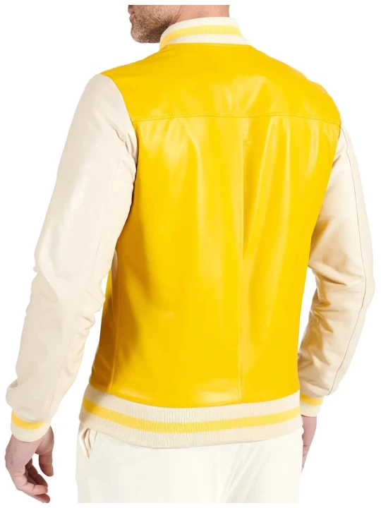 Yellow And Beige Leather Varsity Bomber Jacket Yellow And Beige Leather Varsity Bomber Jacket