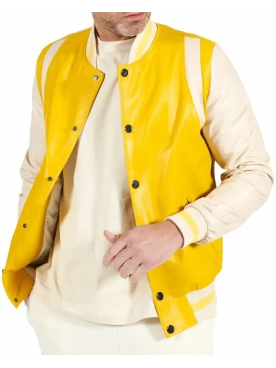 Yellow And Beige Leather Varsity Bomber Jacket Yellow And Beige Leather Varsity Bomber Jacket