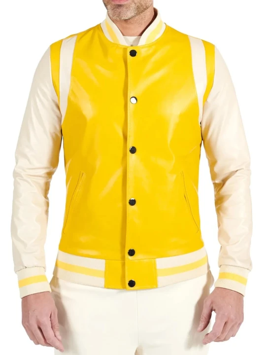 Yellow And Beige Leather Varsity Bomber Jacket Yellow And Beige Leather Varsity Bomber Jacket
