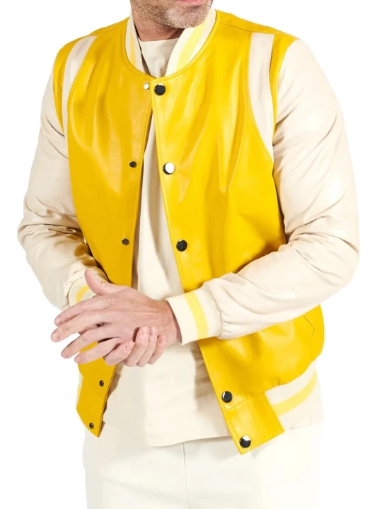 Yellow And Beige Leather Varsity Bomber Jacket Yellow And Beige Leather Varsity Bomber Jacket