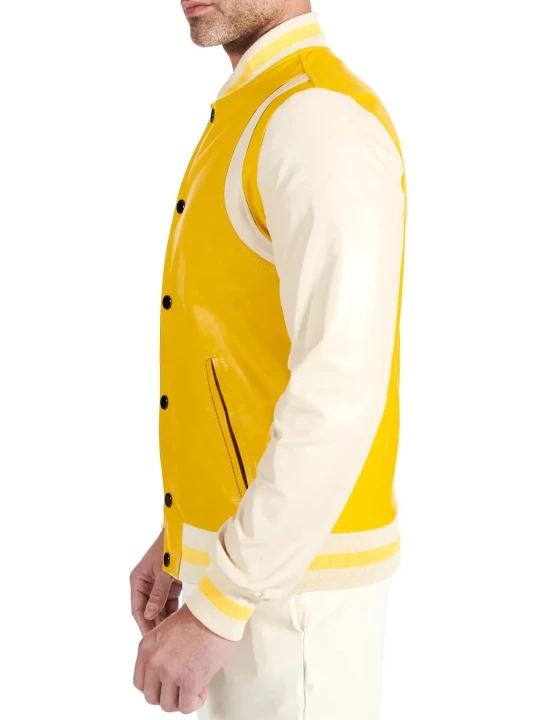 Yellow And Beige Leather Varsity Bomber Jacket Yellow And Beige Leather Varsity Bomber Jacket