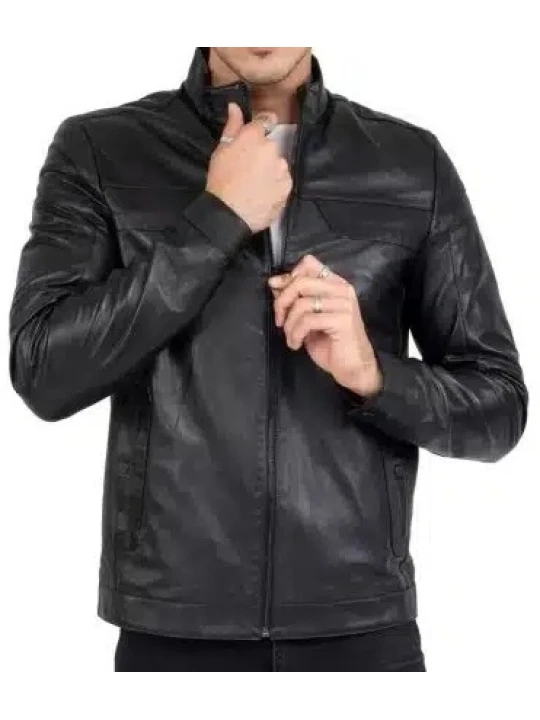 Band Collar Black Leather Jacket