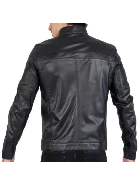 Band Collar Black Leather Jacket