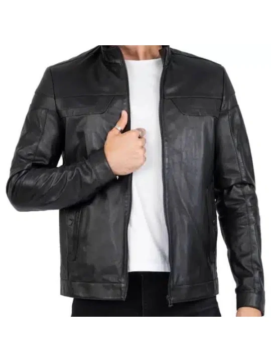 Band Collar Black Leather Jacket