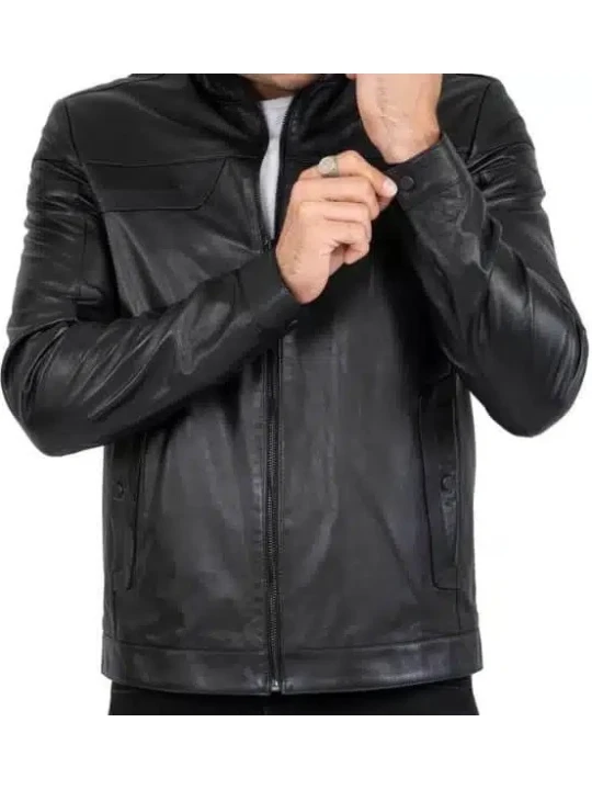 Band Collar Black Leather Jacket