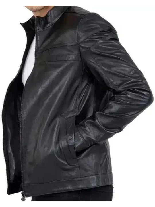 Band Collar Black Leather Jacket