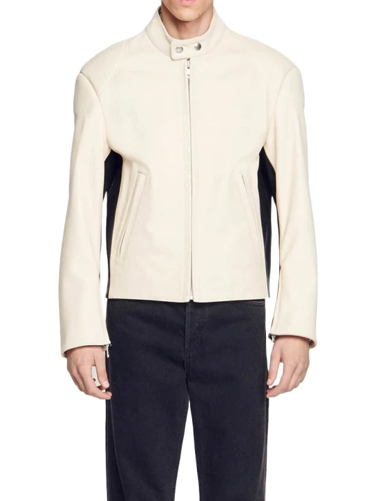 Band Collar Cream Leather Jacket