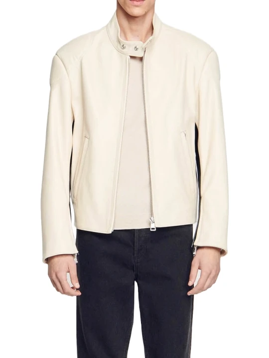Band Collar Cream Leather Jacket