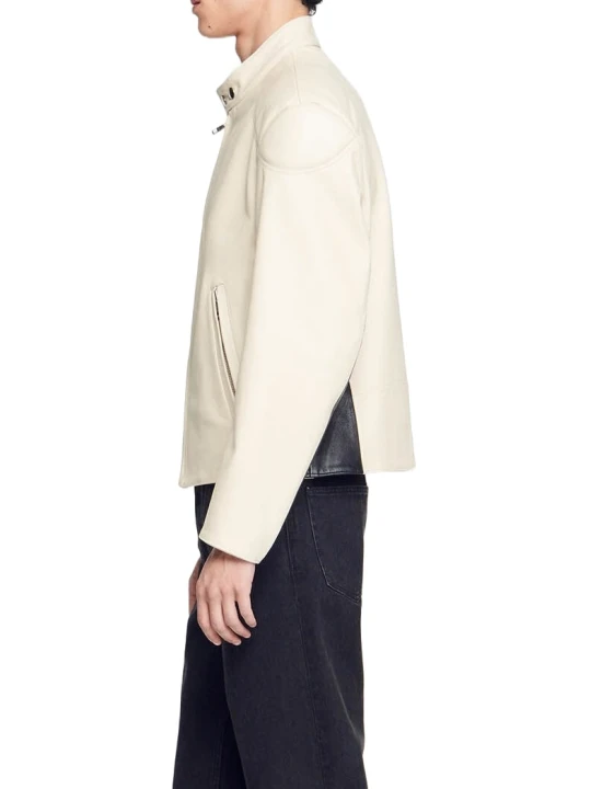 Band Collar Cream Leather Jacket