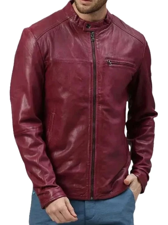 Band Collar With Snap Button Burgundy Leather Jacket