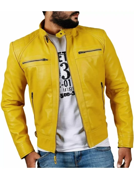 Band Collar Yellow Leather Jacket