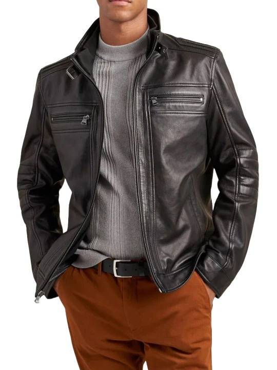 Banded Stand Collar Black Leather Jacket