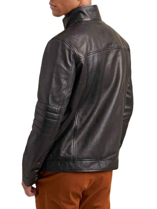 Banded Stand Collar Black Leather Jacket