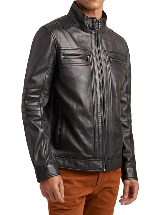 Banded Stand Collar Black Leather Jacket
