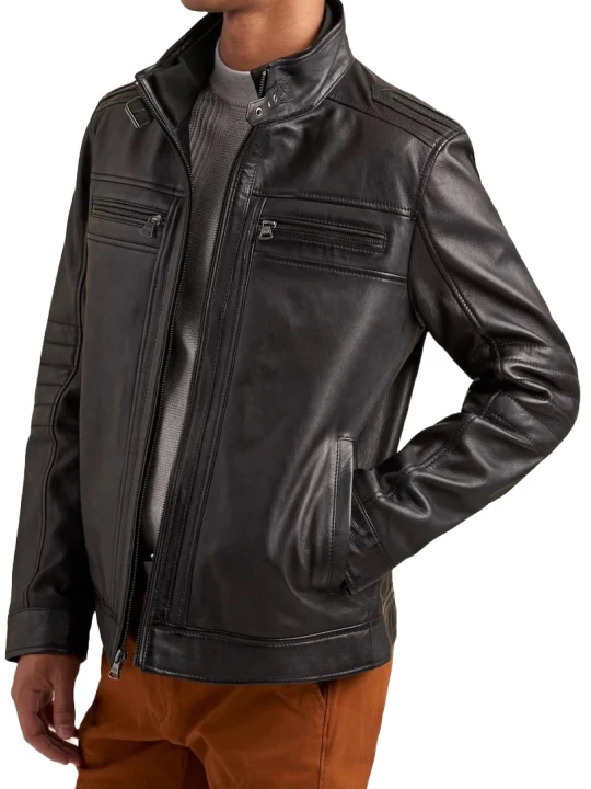 Banded Stand Collar Black Leather Jacket