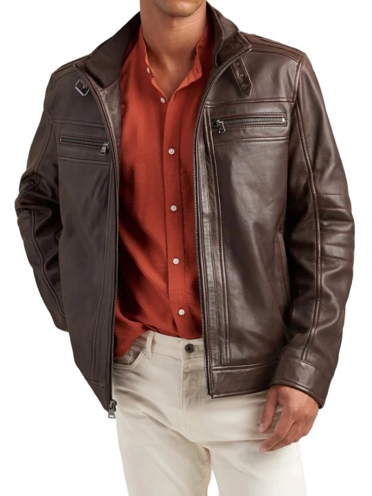 Banded Stand Collar Brown Leather Jacket