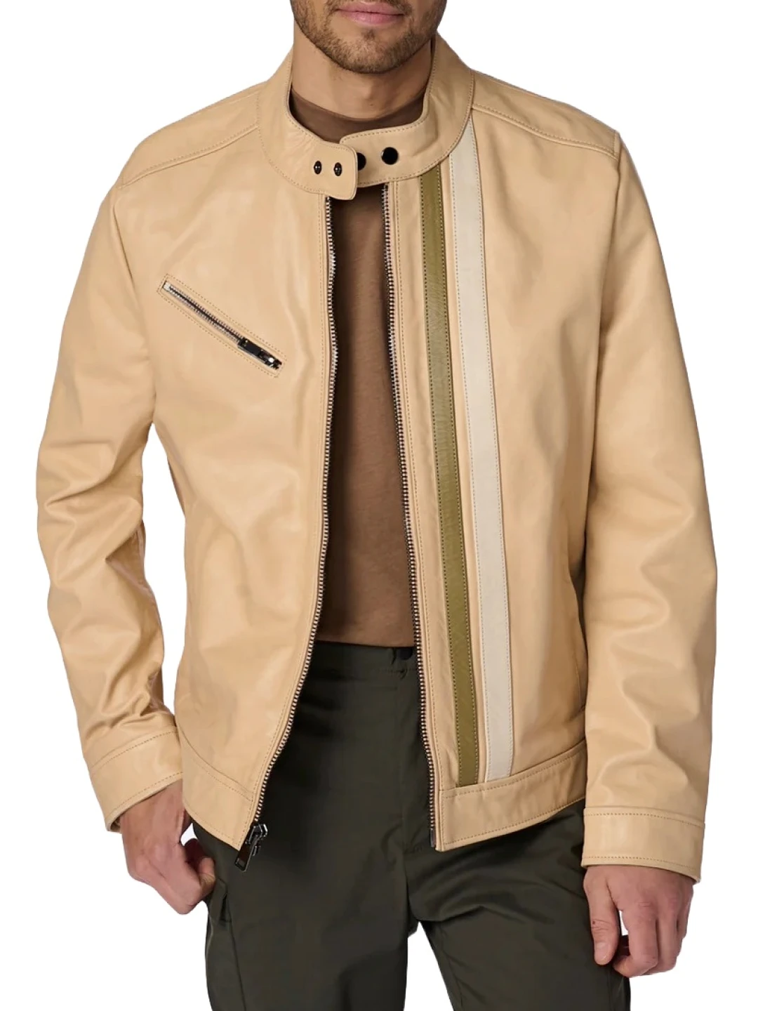 Beige Leather Jacket With White And Green Stripe