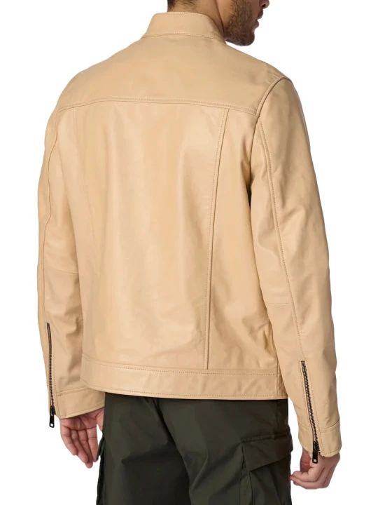 Beige Leather Jacket With White And Green Stripe