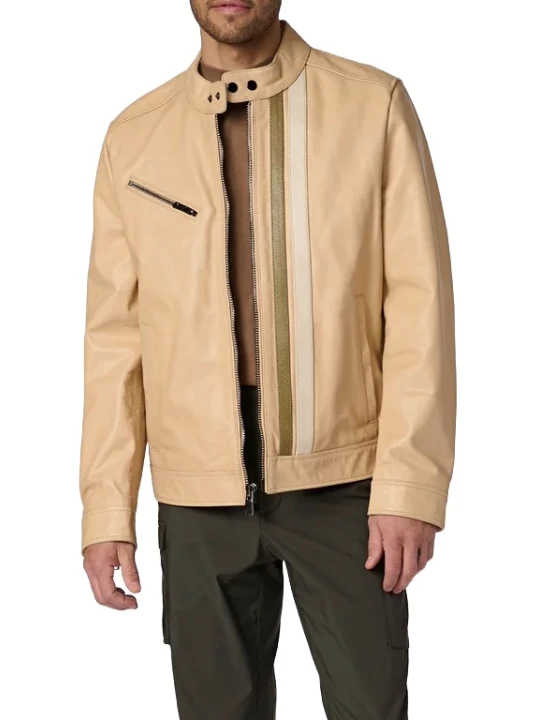 Beige Leather Jacket With White And Green Stripe