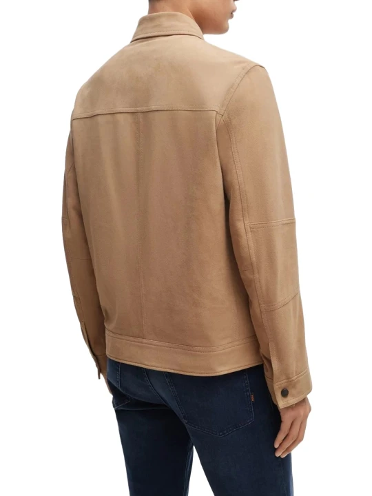 Beige Suede Leather Jacket With Snap Button Front
