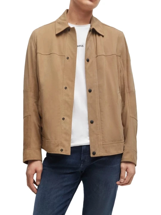 Beige Suede Leather Jacket With Snap Button Front