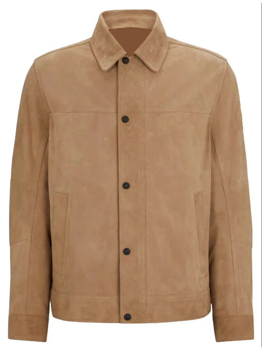 Beige Suede Leather Jacket With Snap Button Front