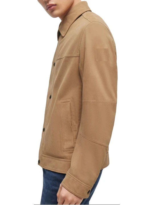 Beige Suede Leather Jacket With Snap Button Front