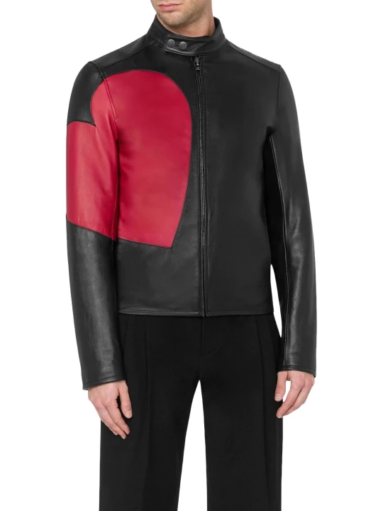 Black Leather Jacket With Red Heart Patch