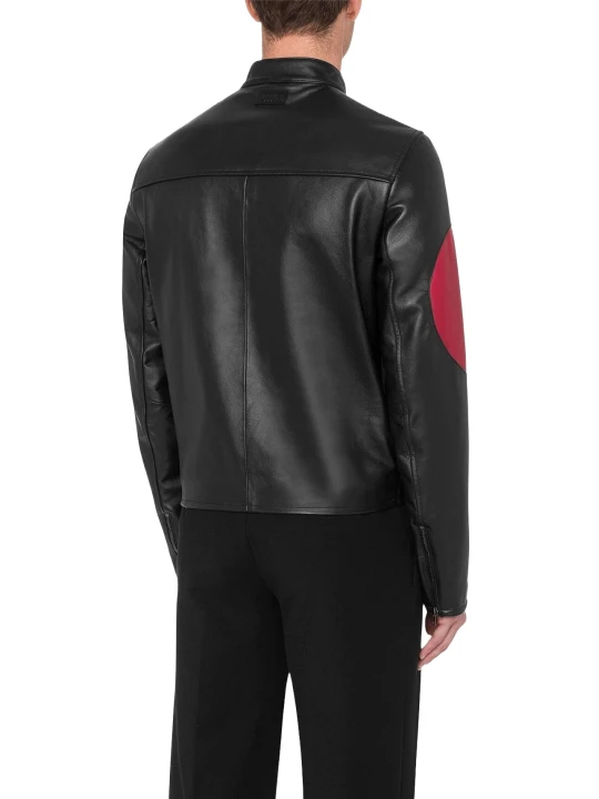 Black Leather Jacket With Red Heart Patch