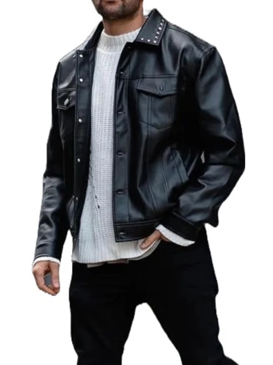 Black Leather Studded Collar Trucker Jacket