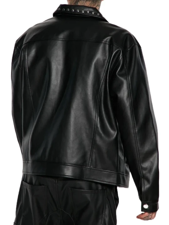 Black Leather Studded Collar Trucker Jacket