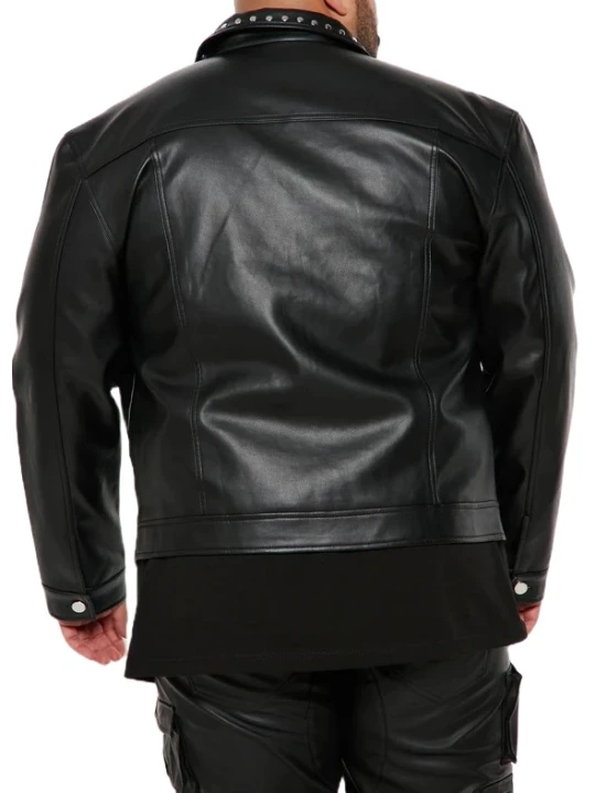 Black Leather Studded Collar Trucker Jacket