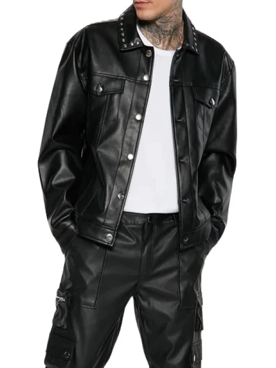 Black Leather Studded Collar Trucker Jacket
