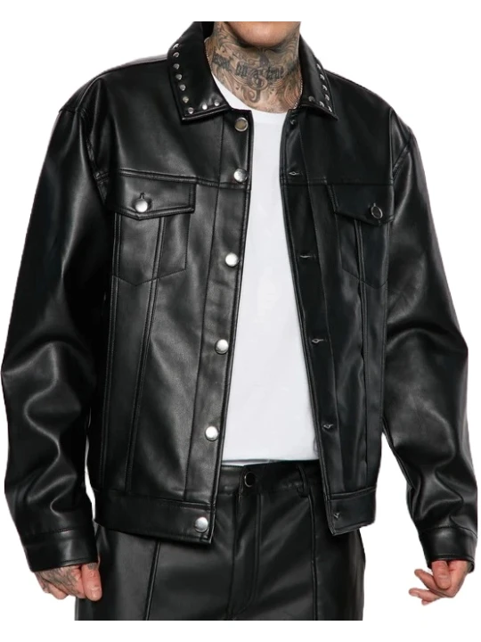 Black Leather Studded Collar Trucker Jacket