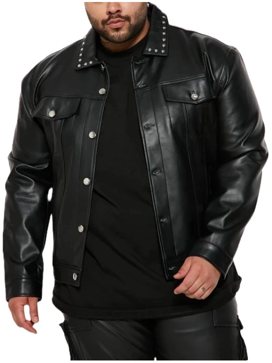 Black Leather Studded Collar Trucker Jacket