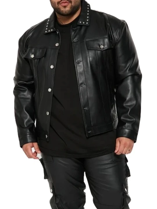 Black Leather Studded Collar Trucker Jacket