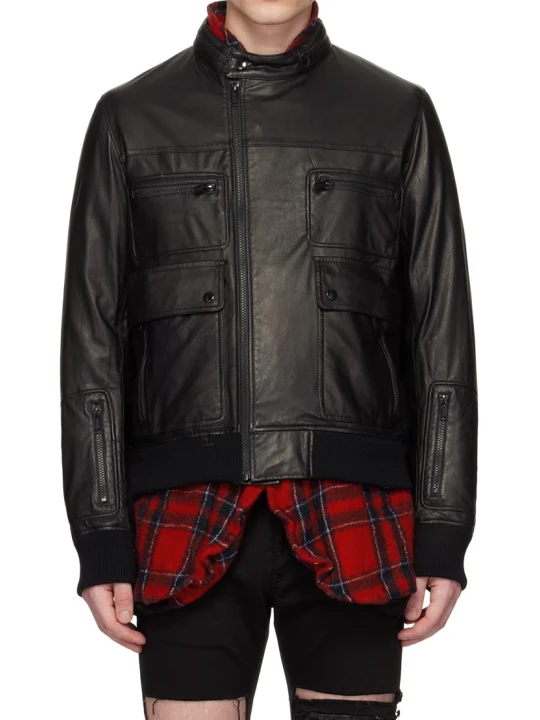 Black Off Centered Zipper Leather Jacket