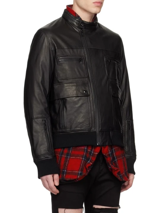 Black Off Centered Zipper Leather Jacket