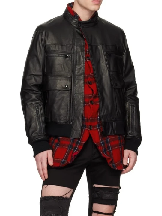 Black Off Centered Zipper Leather Jacket