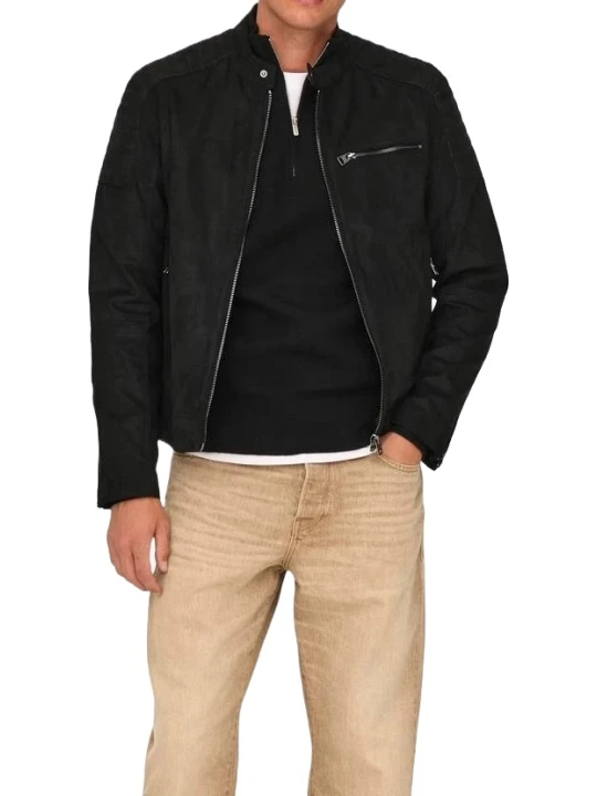 Black Suede Leather High Neck Jacket